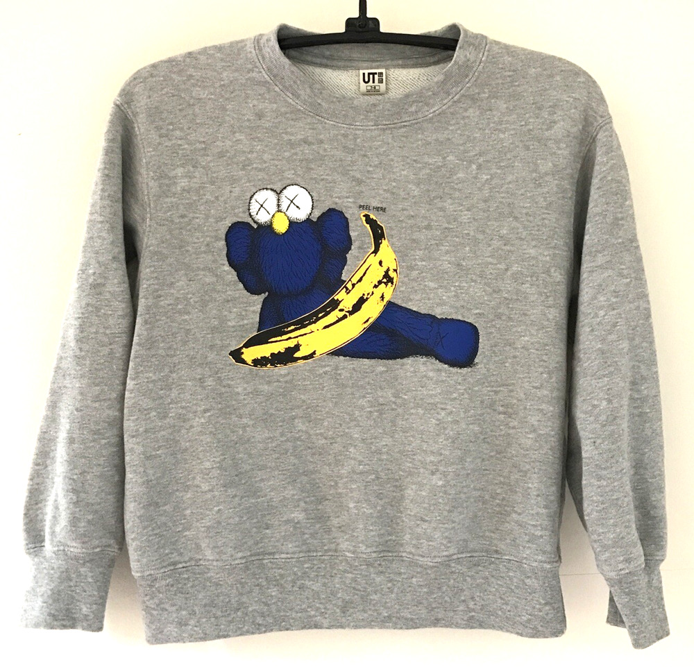 KAWS + Andy Warhol UT Uniqlo Banana Graphic Gray Sweatshirt Top Kids Youth 7-8